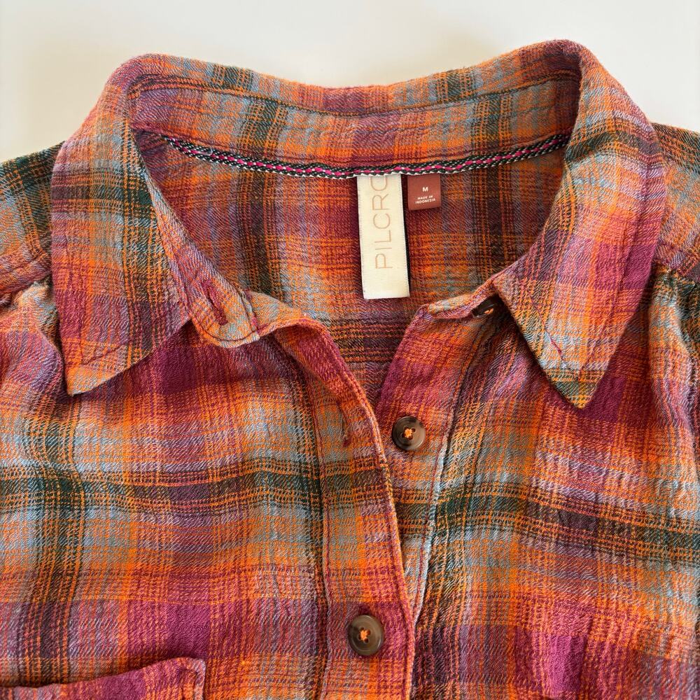 Anthropologie Pilcro Fall Plaid Button Down Blouse Women’s Medium Brown Orange - Picture 5 of 8